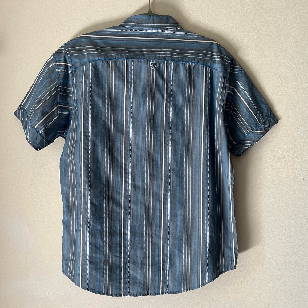 Kuhl Suncel Blue Striped Button Down Cotton Blend Shirt Mens Medium Short Sleeve - Picture 3 of 15